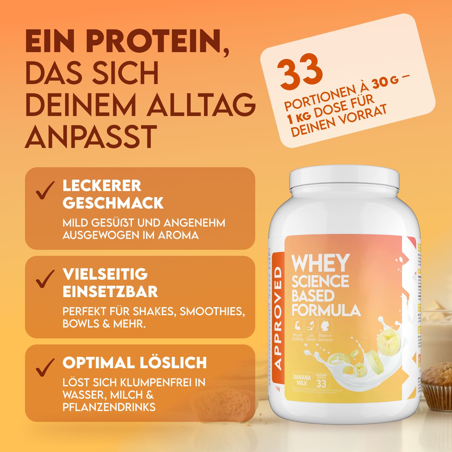 Weißes Whey-Proteinpulver-Behälter. Aufschrift: WHEY SCIENCE BASED FORMULA. Text: LECKERER GESCHMACK, VIELSEITIG EINSETZBAR, OPTIMAL LÖSLICH.