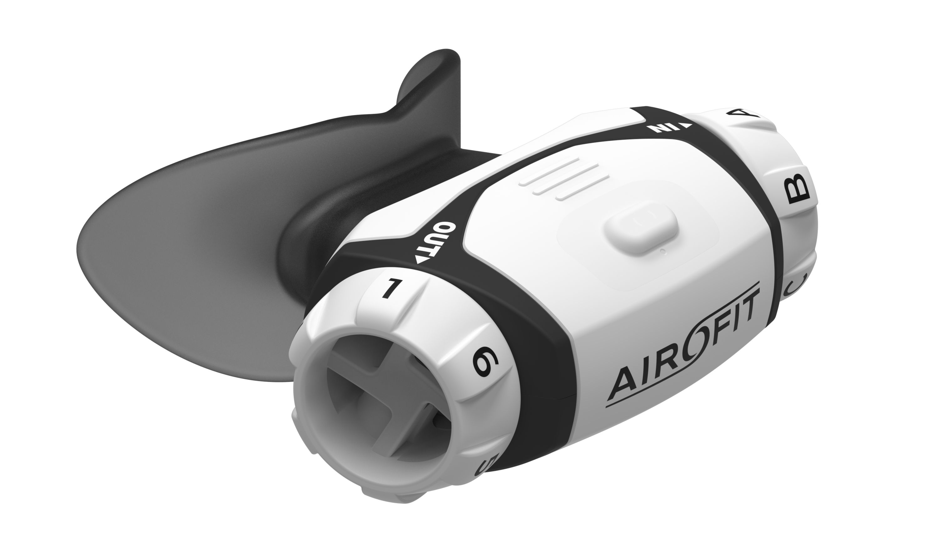 Atemtrainer, weiß-schwarz. Einstellrad mit Zahlen. Mundstück mit Lippenhalterung.