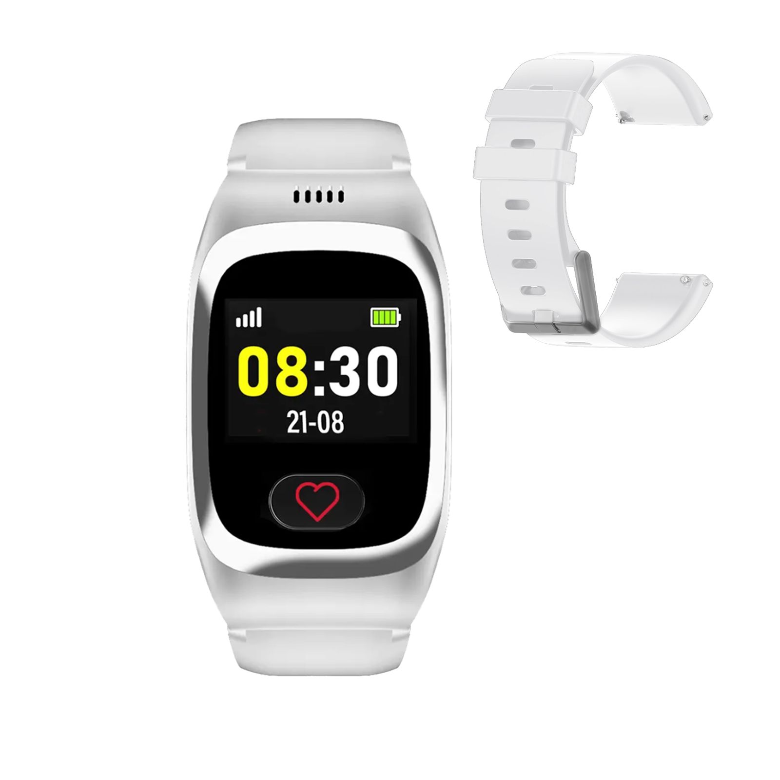 Weiße Smartwatch mit digitaler Zeitanzeige und zusätzlichem Armband.