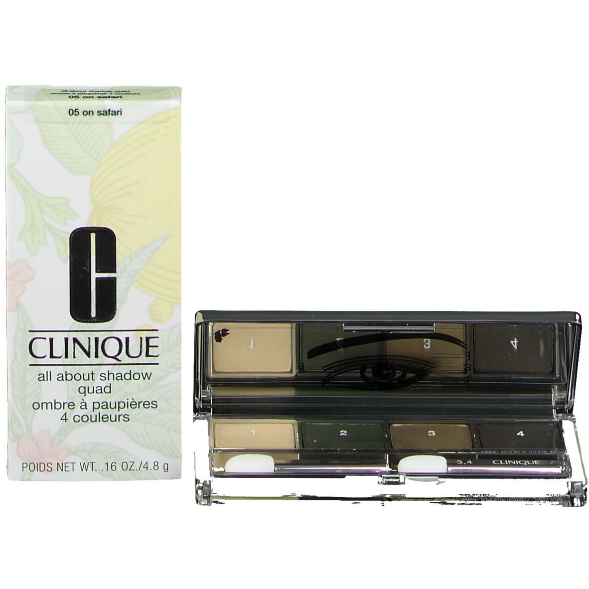 Lidschatten-Palette und Verpackung. Palette mit vier Farben, Spiegel. Verpackung mit Produktnamen und Marke.