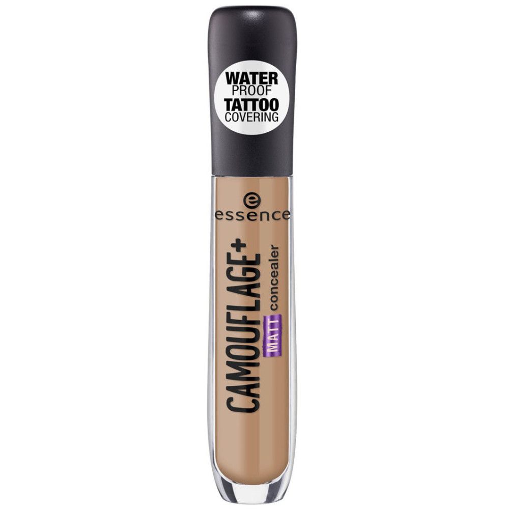 Concealer-Tube mit schwarzem Deckel. Aufschrift: CAMOUFLAGE+ concealer, WATER PROOF TATTOO COVERING, essence.