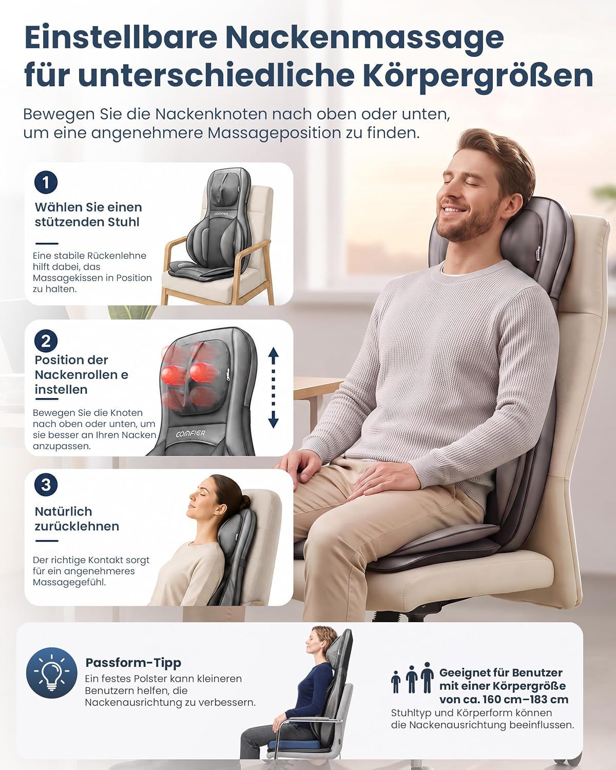 Nackenmassagegerät mit Nackenstütze und Fernbedienung, das auf einem Stuhl verwendet wird.