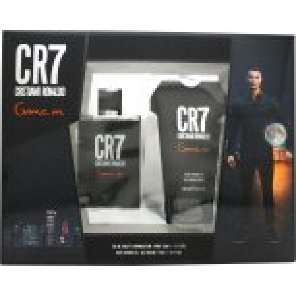 Geschenkset mit CR7-Logo, enthält Flakon und T-Shirt. Schwarze Verpackung mit Abbildung von Cristiano Ronaldo.
