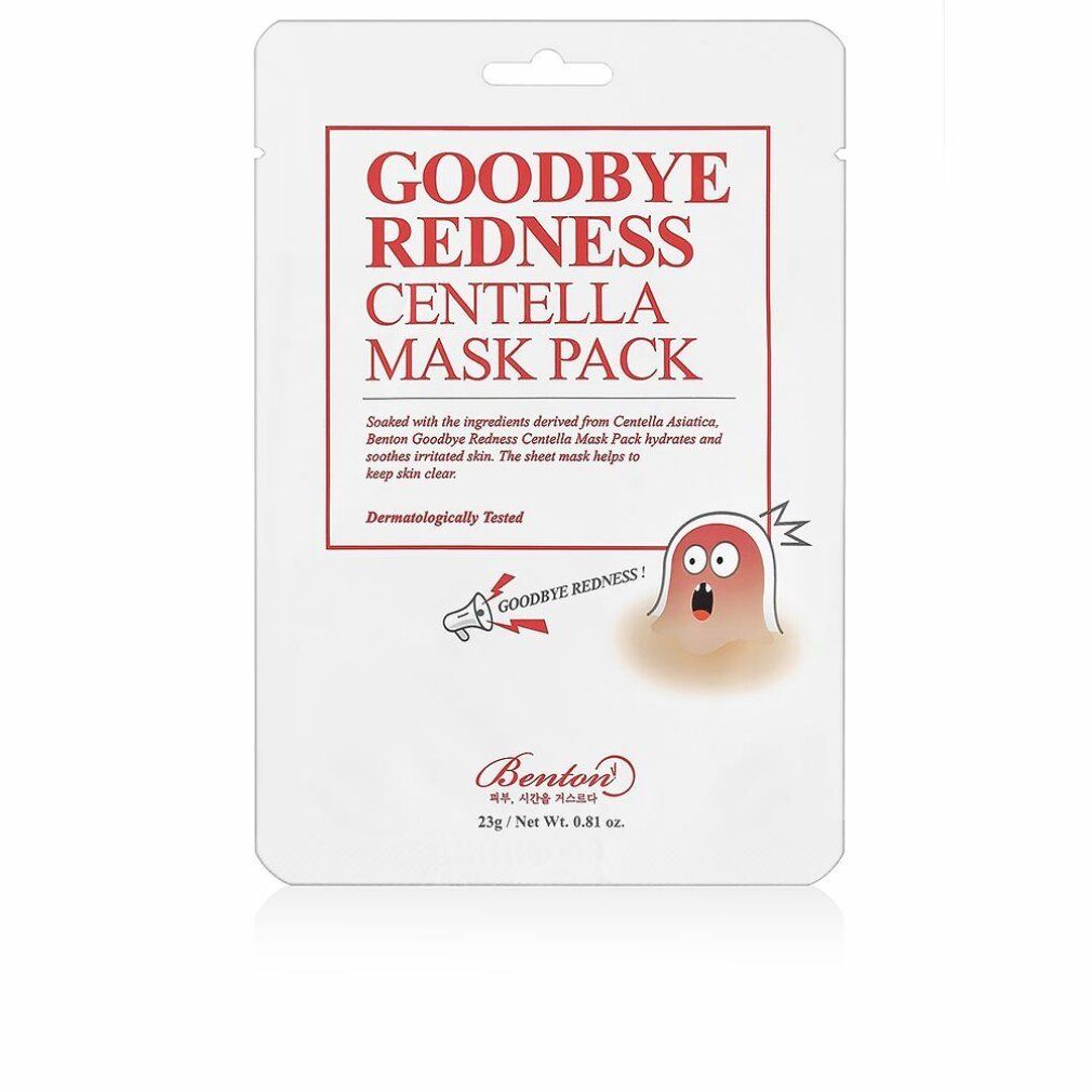 Weiße Verpackung mit rotem Text: Goodbye Redness Centella Mask Pack. Enthält eine Illustration und das Logo.
