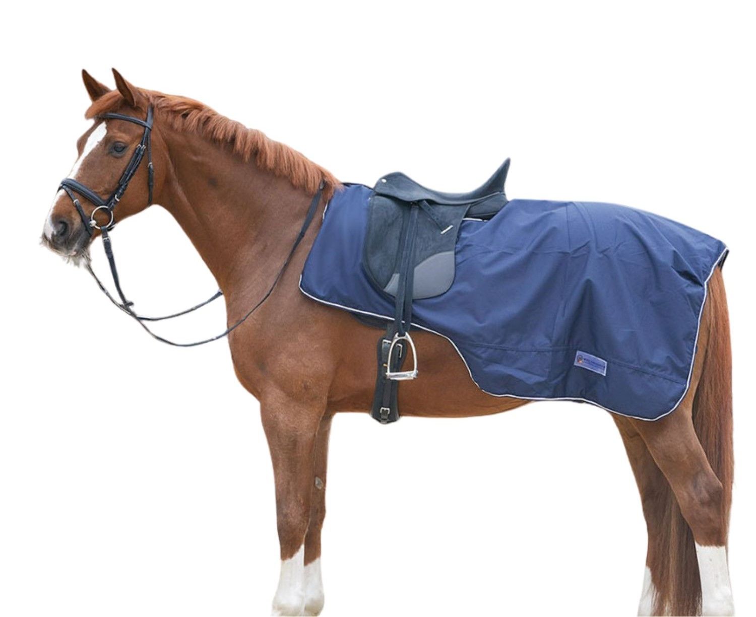 Blaue Ausreitdecke auf einem Pferd mit Sattel. Weißer Rand, Logo. Pferd im Profil.