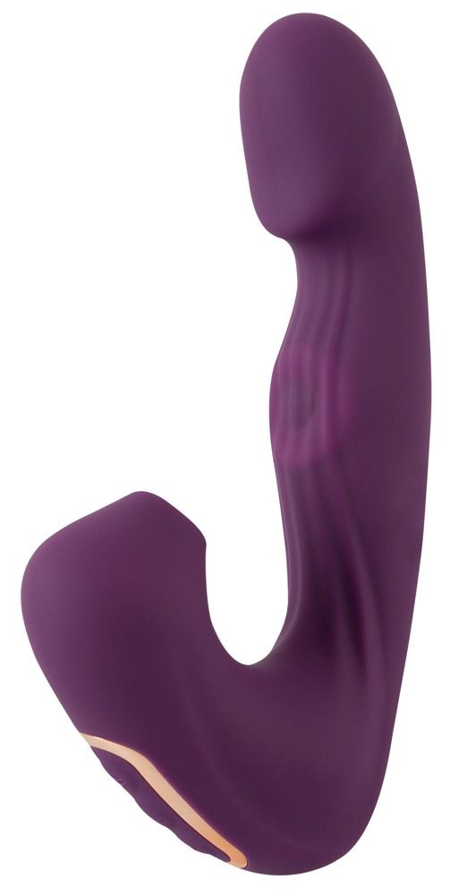 Lila Vibrator. Gebogene Form mit geriffelter Oberfläche. Goldfarbene Akzente.