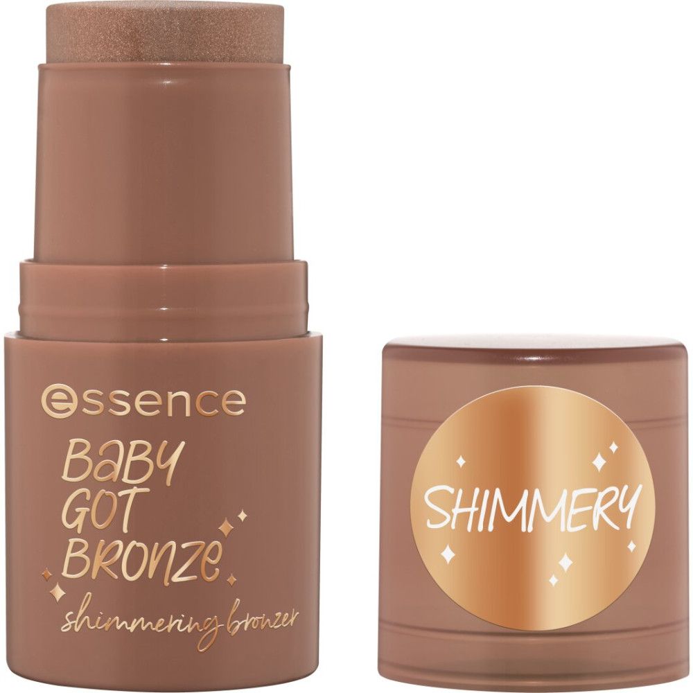 Bronzer-Stick mit Deckel. Auf dem Stick steht "essence Baby Got Bronze shimmering bronzer". Der Deckel hat "SHIMMER".