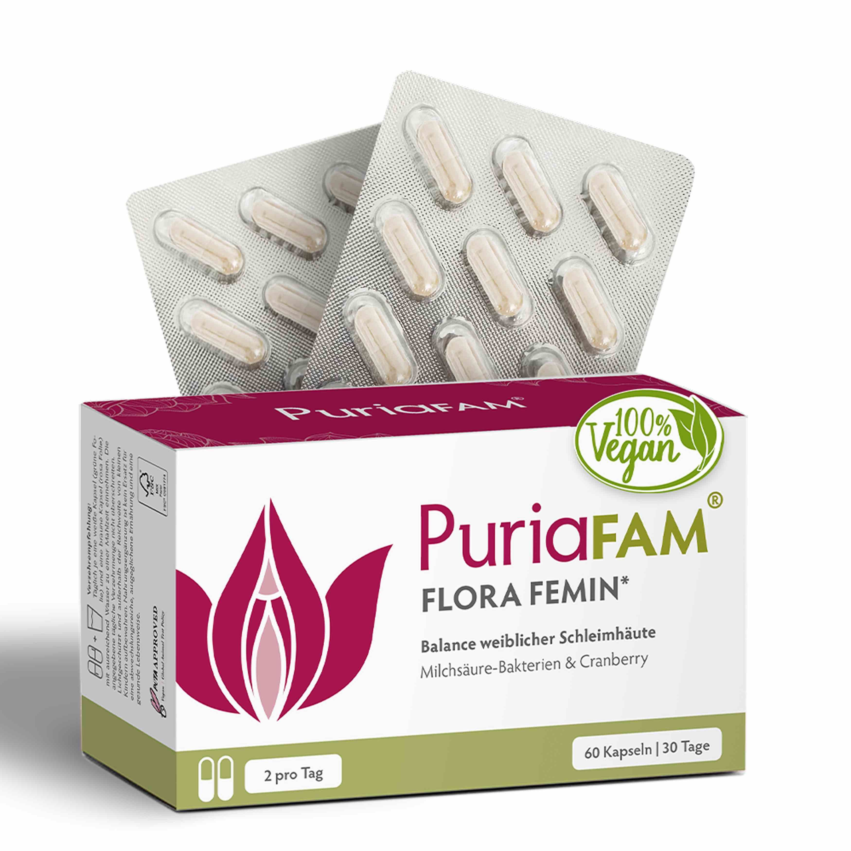Blisterpackung mit Kapseln und Produktverpackung. Auf der Verpackung steht PuriaFAM Flora Femin, 100% Vegan.