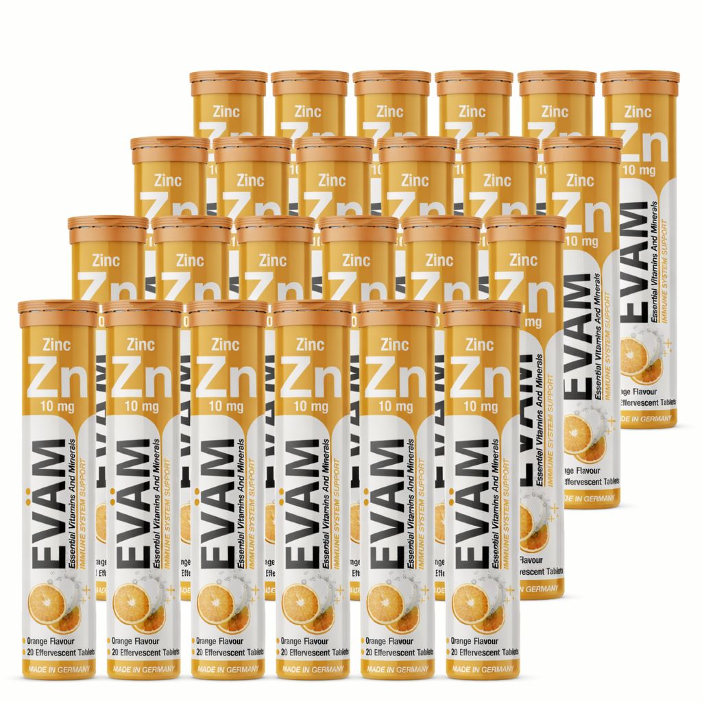Mehrere Tuben mit EVÄM Zink, 10 mg, Orange Geschmack. Aufschrift: Essential Vitamins and Minerals. Verpackung: Orangefarben.