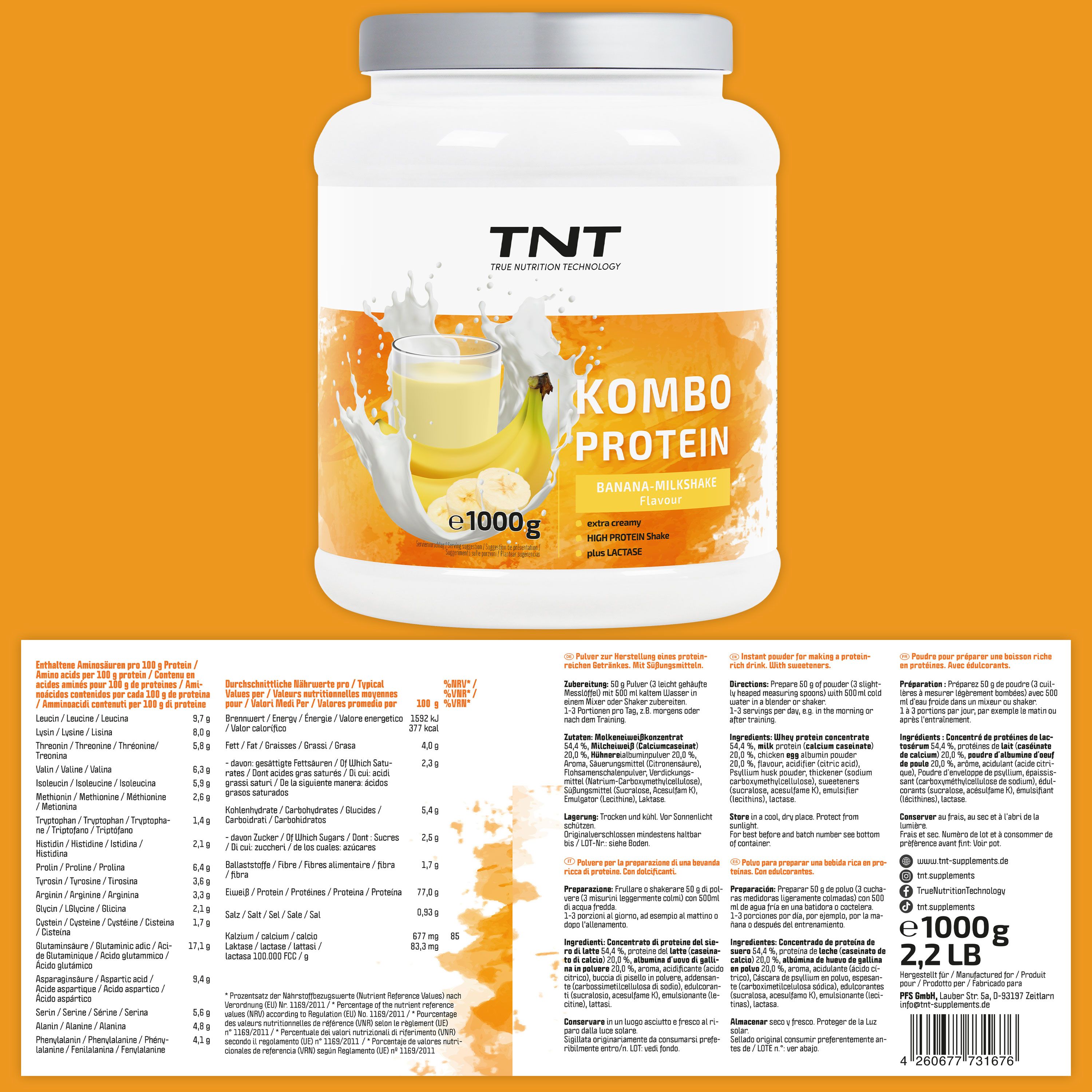 Weißer TNT Kombo Protein-Behälter mit gelbem Etikett. Text: Kombo Protein, Banana Milkshake. Aufschrift: e1000g. Nährwertangaben auf Etikett.