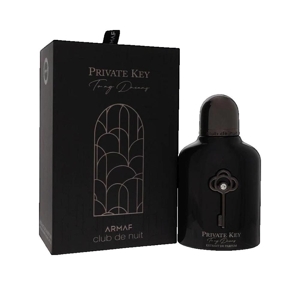 Schwarzer Flakon und Schachtel. Aufschrift: Private Key, Armaf Club de Nuit. Flakon mit Schlüssel-Design.