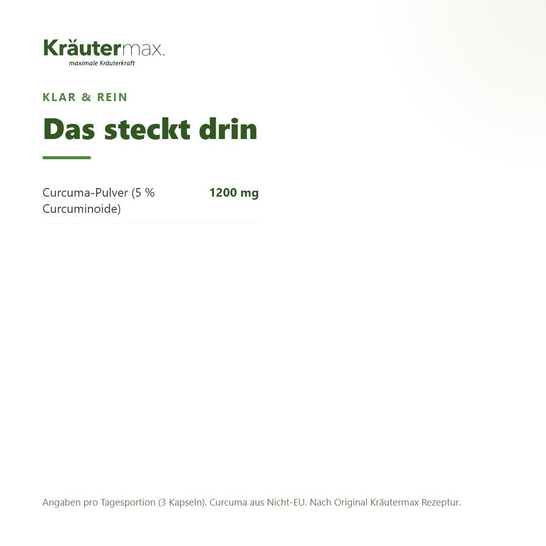 Zutatenübersicht: Curcuma-Pulver (5% Curcuminoiden), 1200 mg pro Tagesportion.
