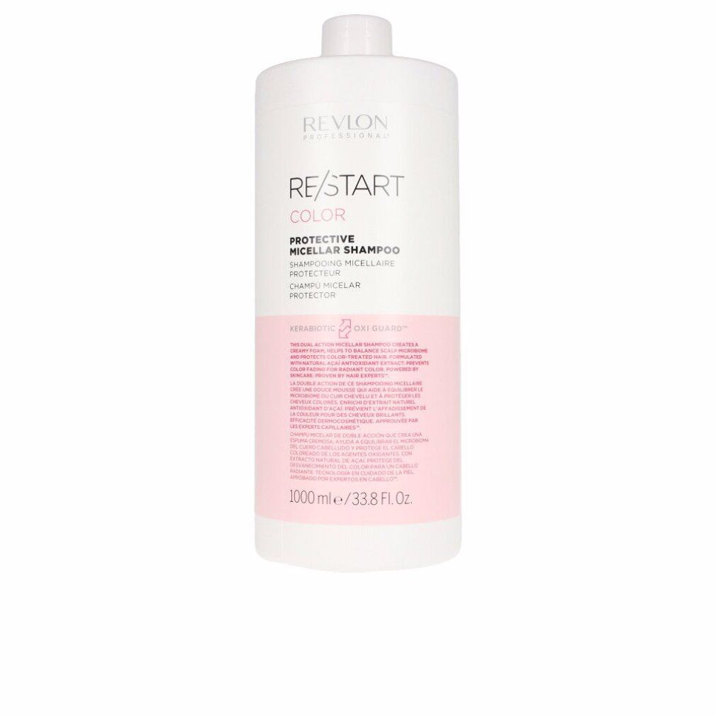 Weißer Shampoo-Behälter mit rosa Etikett. Aufschrift: Revlon Re/Start Color Protective Micellar Shampoo. 1000ml/33.8 fl oz.