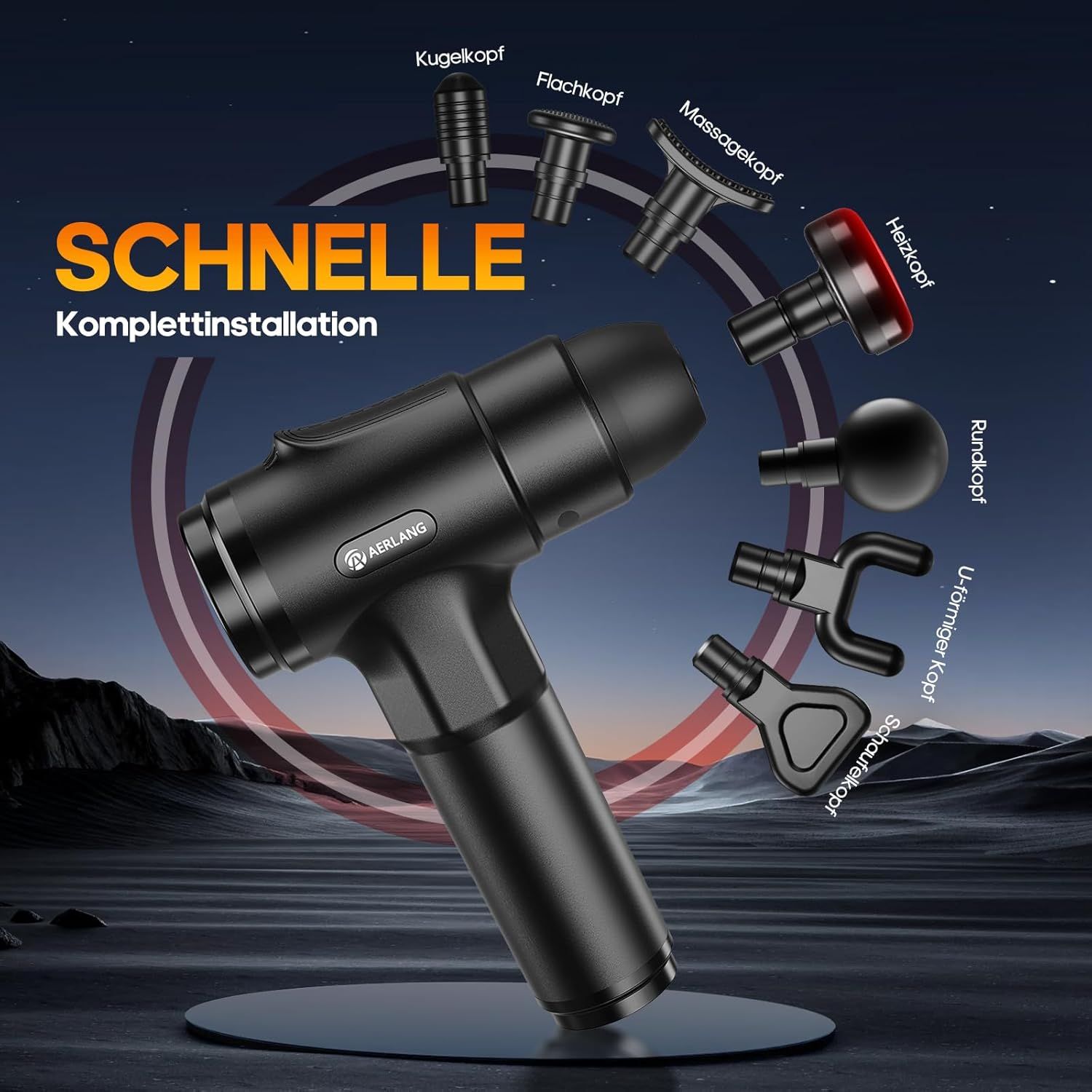 Schwarze Massagepistole mit verschiedenen Aufsätzen und digitaler Anzeige.