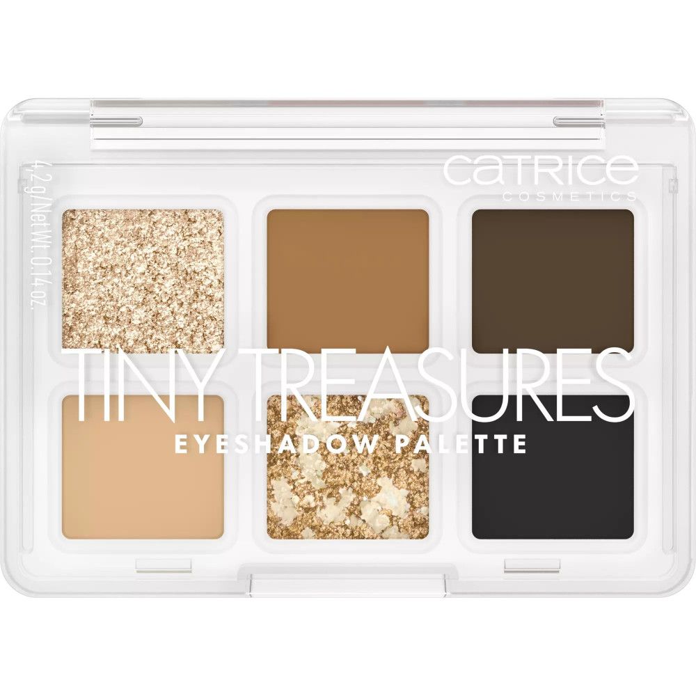 Catrice Tiny Treasures Lidschattenpalette. Sechs quadratische Lidschatten in einer transparenten Hülle. Farben: Gold, Braun, Schwarz, Beige.