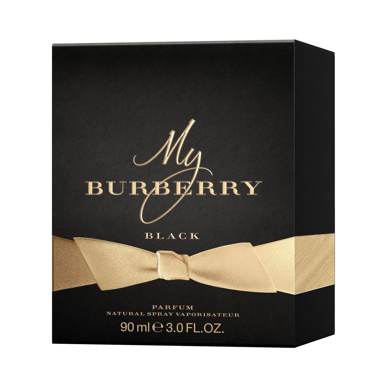 Schwarze Verpackung von Burberry My Burberry Black E.d.P. Nat. Spray. Goldener Schriftzug und Schleife.