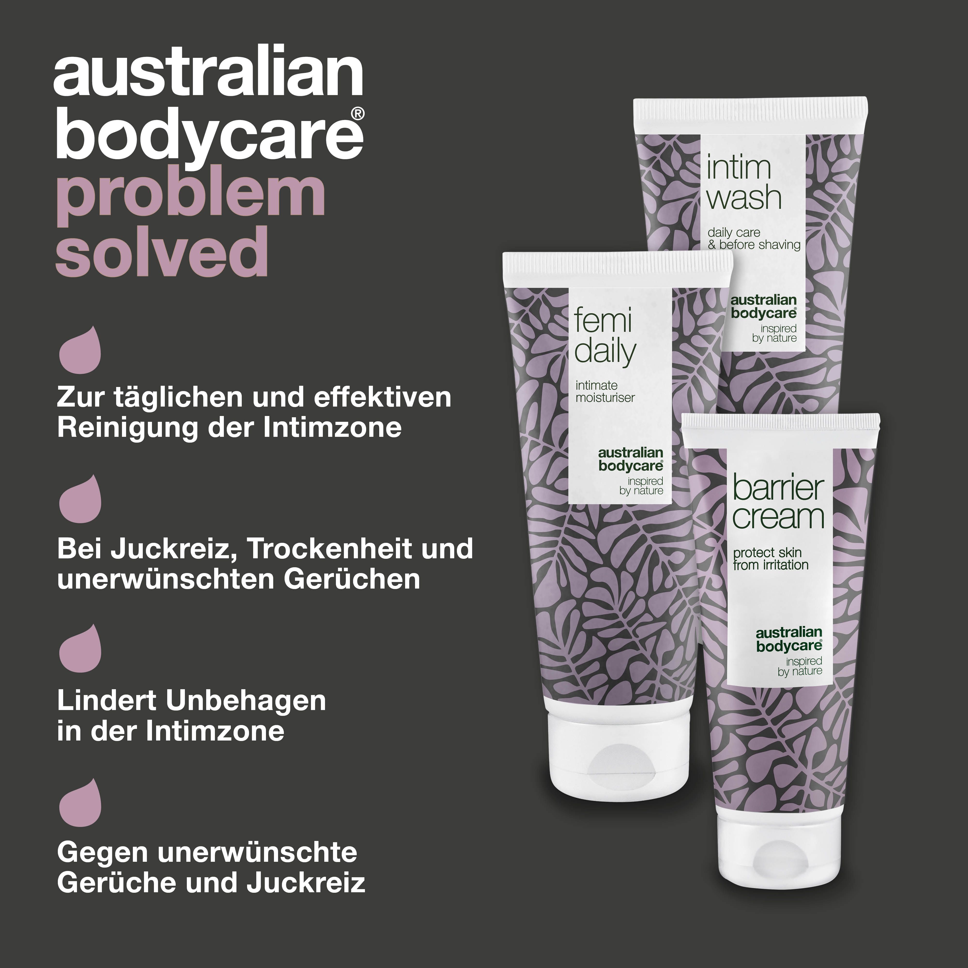 Drei Tuben: Intim Wash, Femi Daily, Barrier Cream. Text: Problem gelöst. Marke: Australian Bodycare.