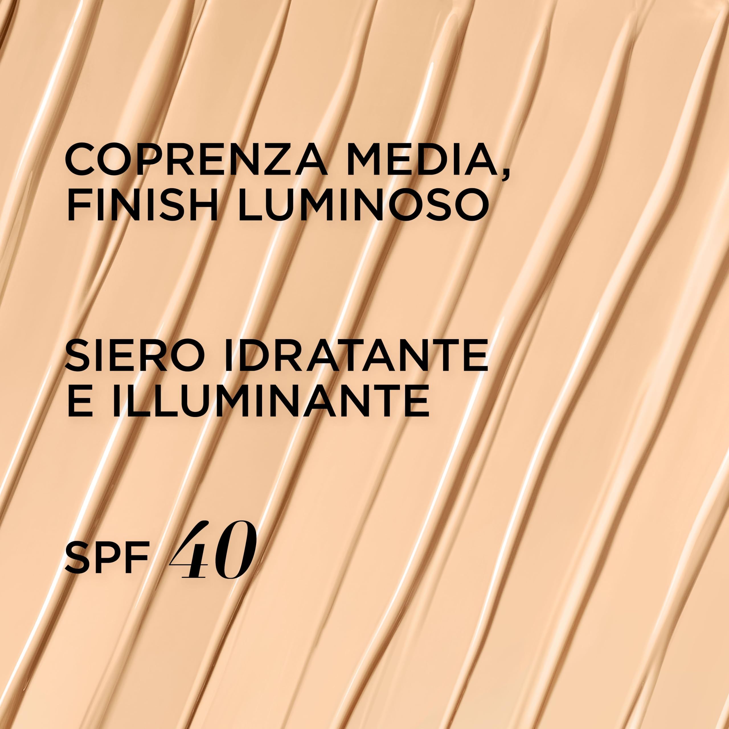 Texturierte Creme. Text: Coprenza Media, Finish Luminoso, Siero Idratante E Illuminante, SPF 40.