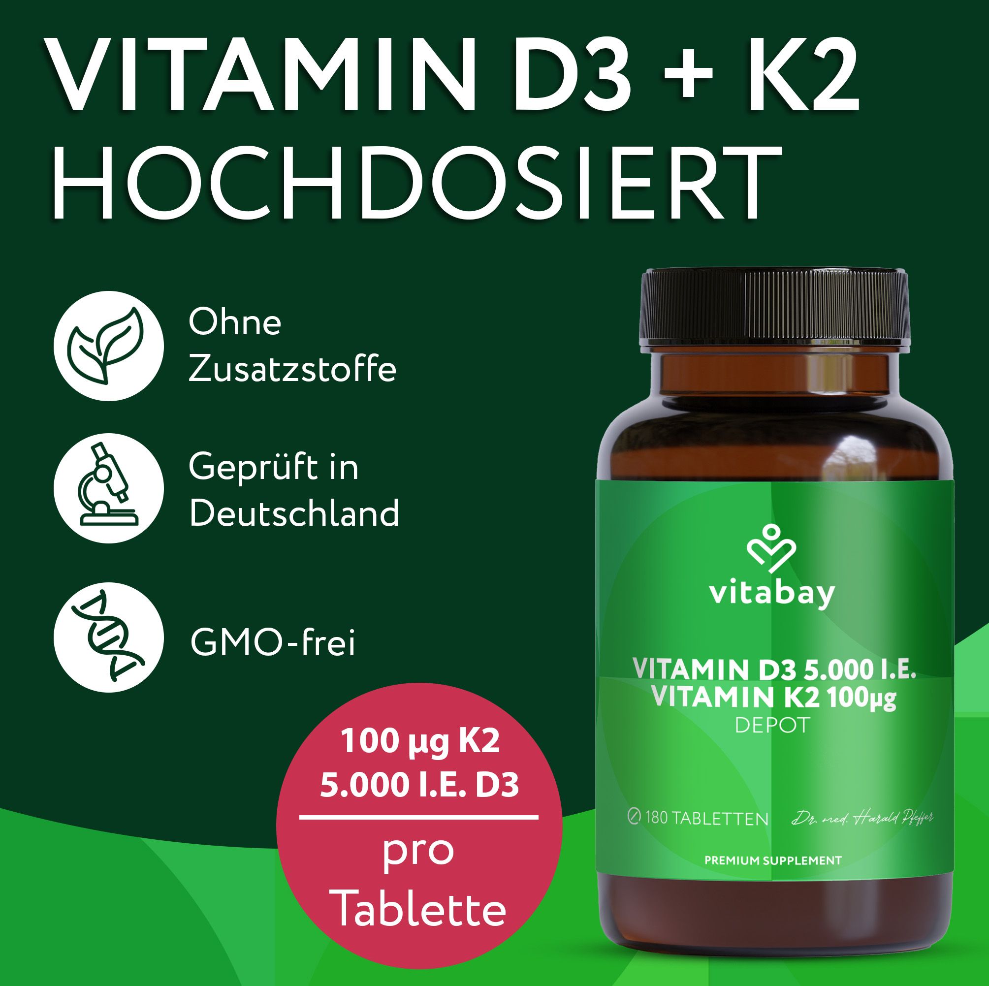 Vitabay Vitamin D3 K2 Flasche. "Hochdosiert". Ohne Zusatzstoffe, geprüft in Deutschland, GMO-frei.