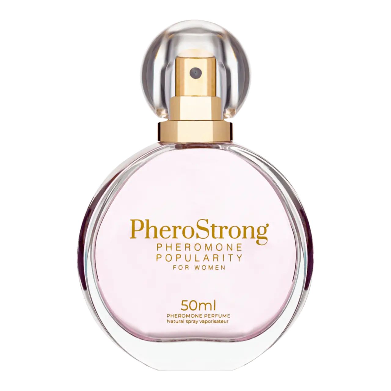 Runder Flakon mit Sprühkopf. Rosa Flüssigkeit sichtbar. Goldfarbener Schriftzug: PheroStrong Pheromone Popularity für Frauen. 50ml.