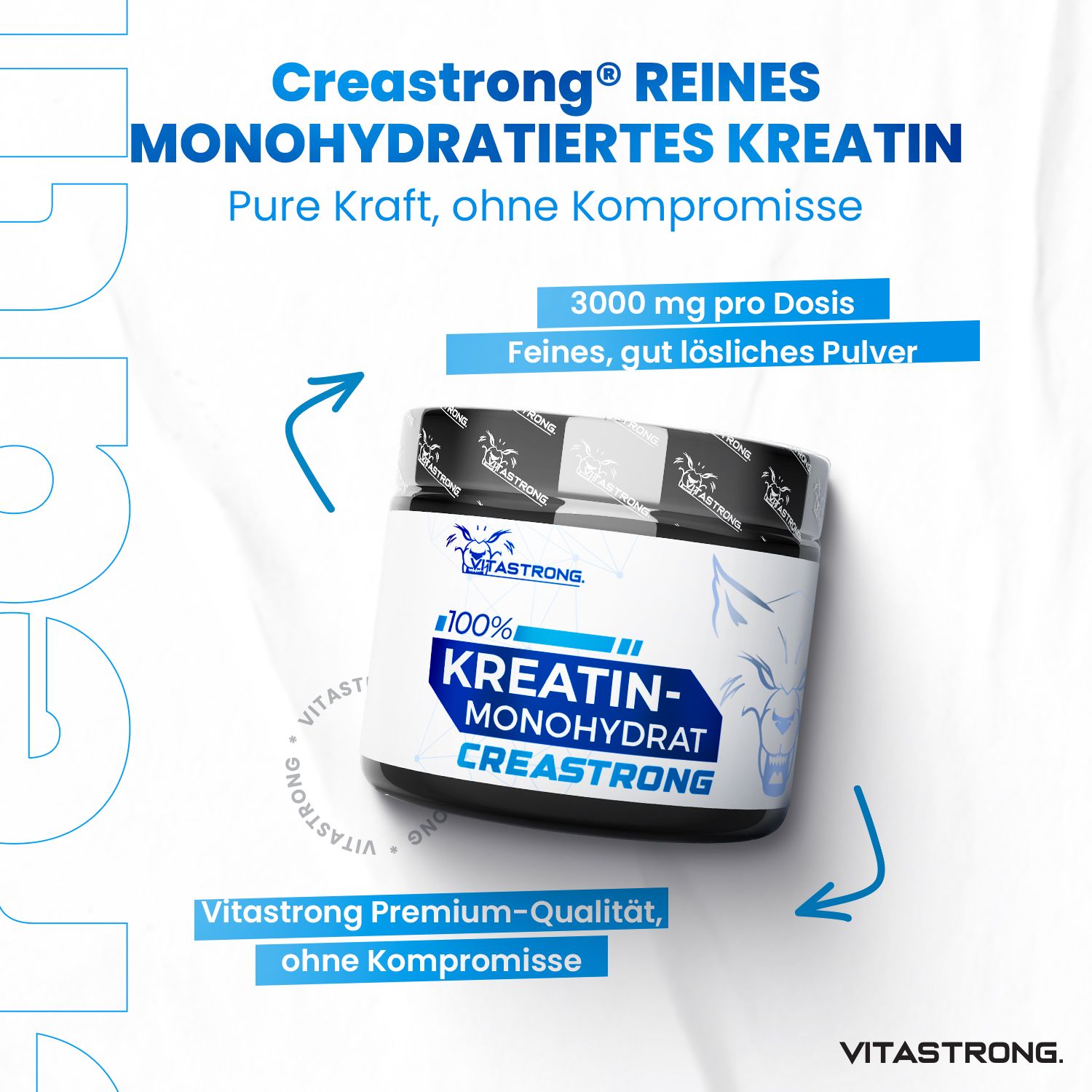 Dose mit Text: KREATIN-MONOHYDRAT CREASTRONG. 3000 mg pro Dosis. Feines Pulver.