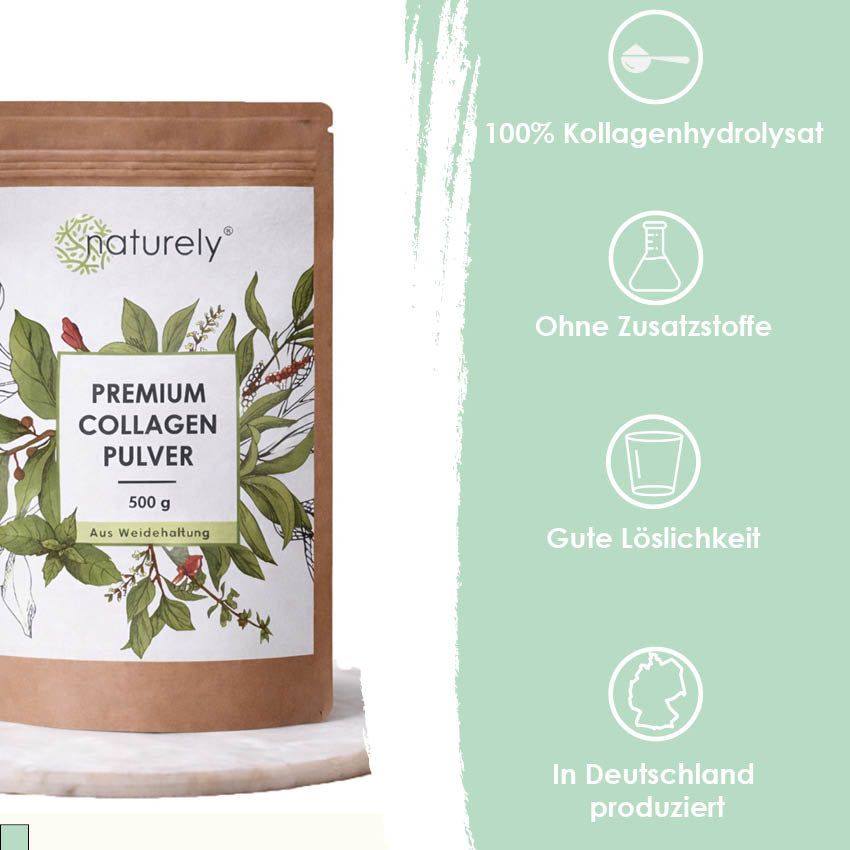 Braune Tüte mit weißem Etikett. Aufschrift: Naturely Premium Kollagen Pulver, 500 g. Daneben Symbole: 100% Kollagenhydrolysat, ohne Zusatzstoffe, gute Löslichkeit.