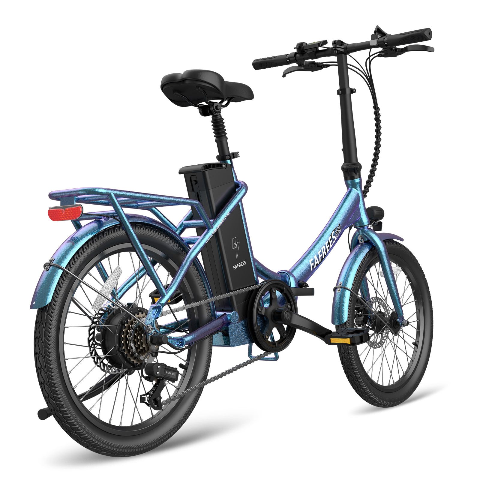 Blaues Fafrees F20 E-Bike. Klapprahmen, Gepäckträger, Scheibenbremsen, Akku am Rahmen. Schwarze Reifen und Sattel.