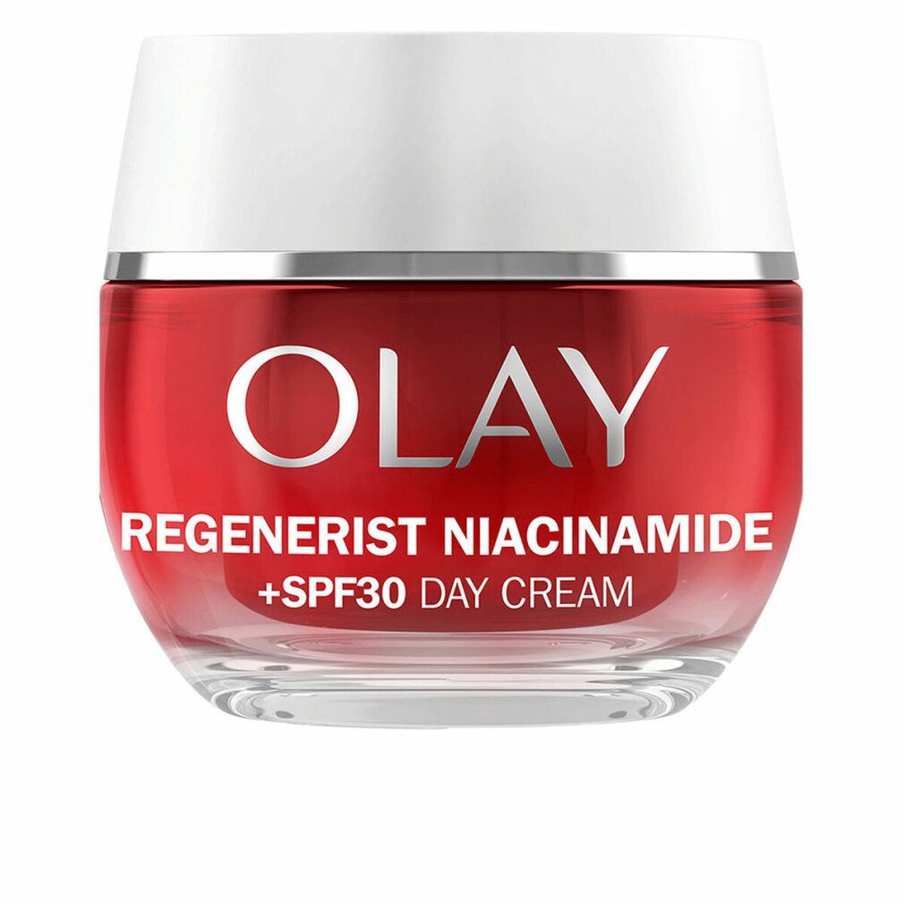 Roter Tiegel mit weißem Deckel. Olay Regenerist Niacinamide +SPF30 Day Cream. Produktname und SPF-Wert deutlich sichtbar.