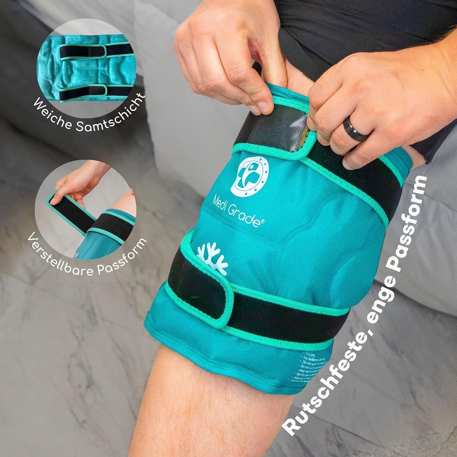 Person trägt eine Knie-Kühlpackung mit verstellbaren Klettbändern. Detailansicht zeigt weiche Oberfläche.
