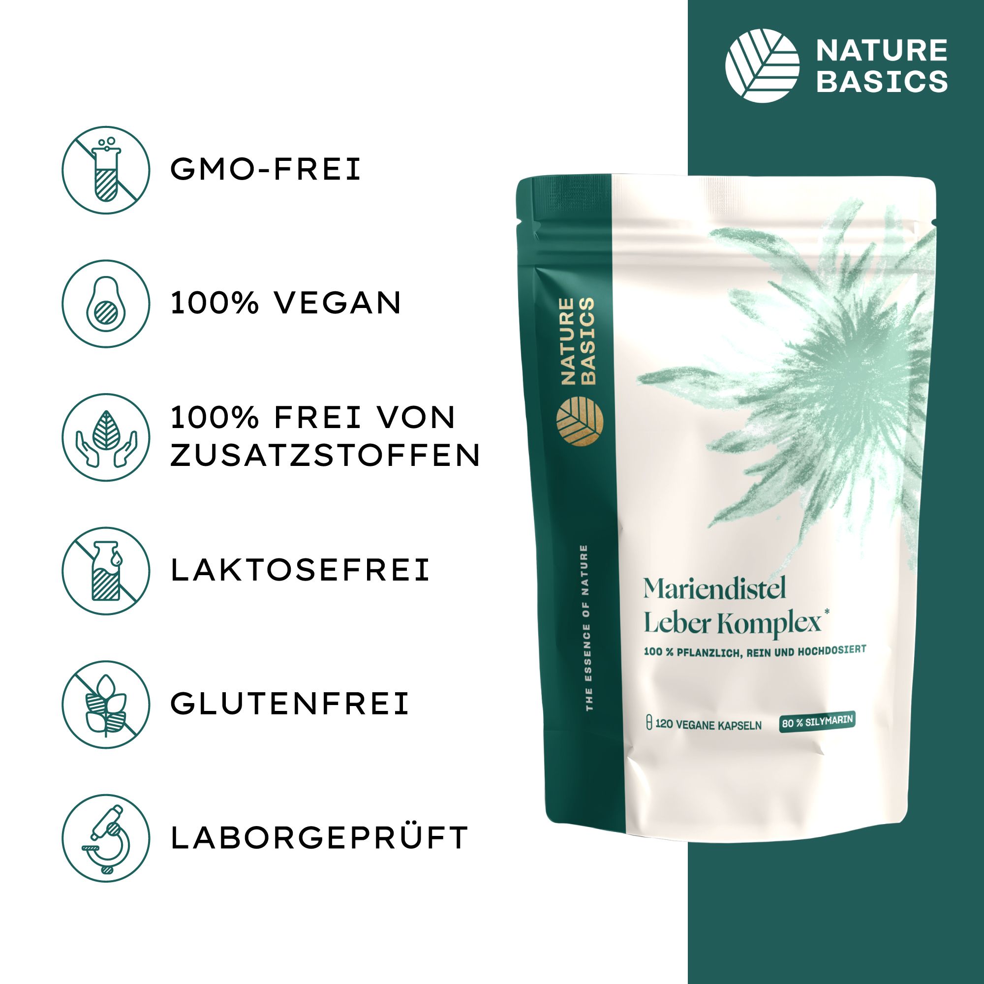 Produktverpackung mit Mariendistel Komplex Kapseln. Logos: GMO-frei, 100% Vegan, frei von Zusatzstoffen, laktosefrei, glutenfrei, laborgeprüft.