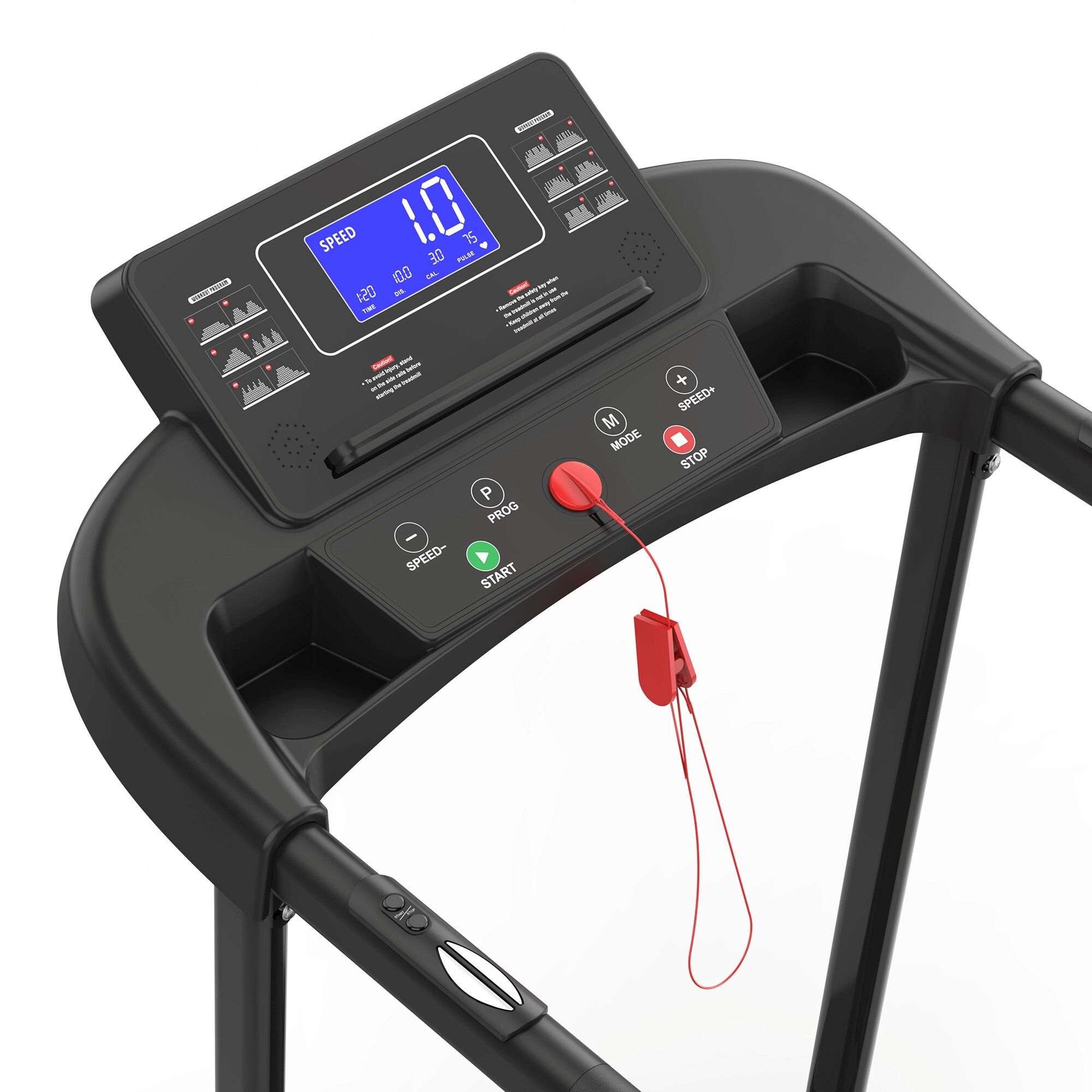 Detailansicht des Bedienfelds. Großes LCD-Display. Roter Not-Aus-Knopf. Schwarze Oberfläche. Für Senioren.