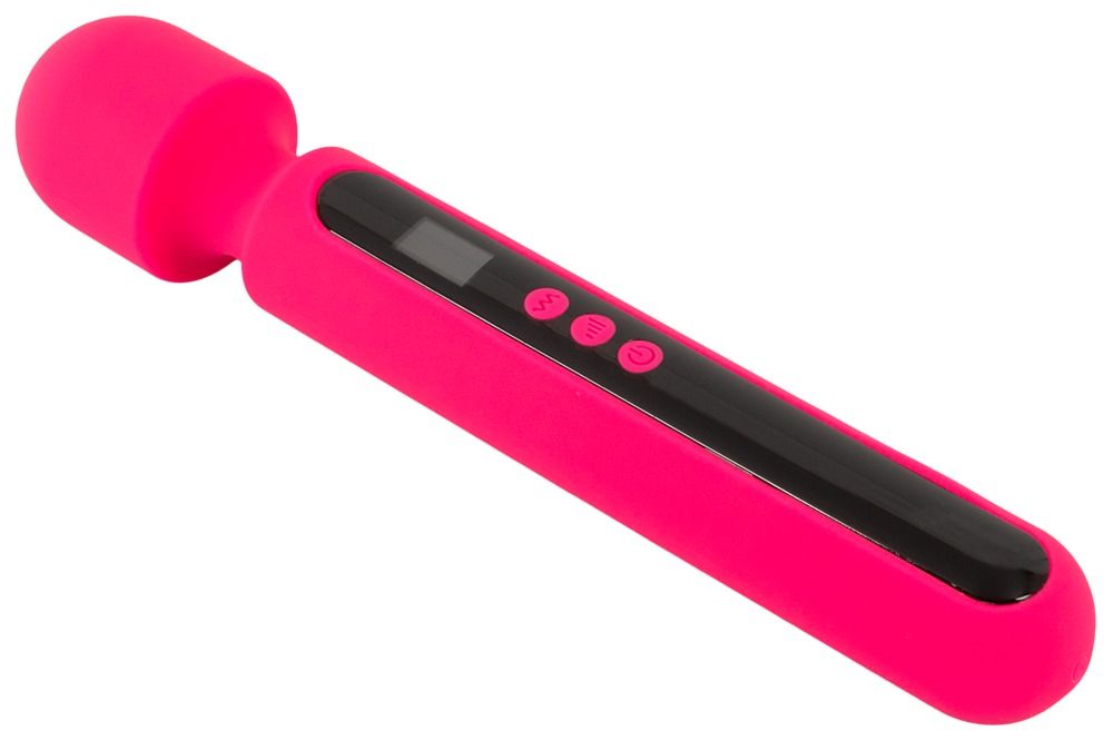 Pinkfarbener Vibrator mit rundem Kopf und langem Griff. Der Griff hat einen schwarzen Bereich mit Knöpfen und einem Display.