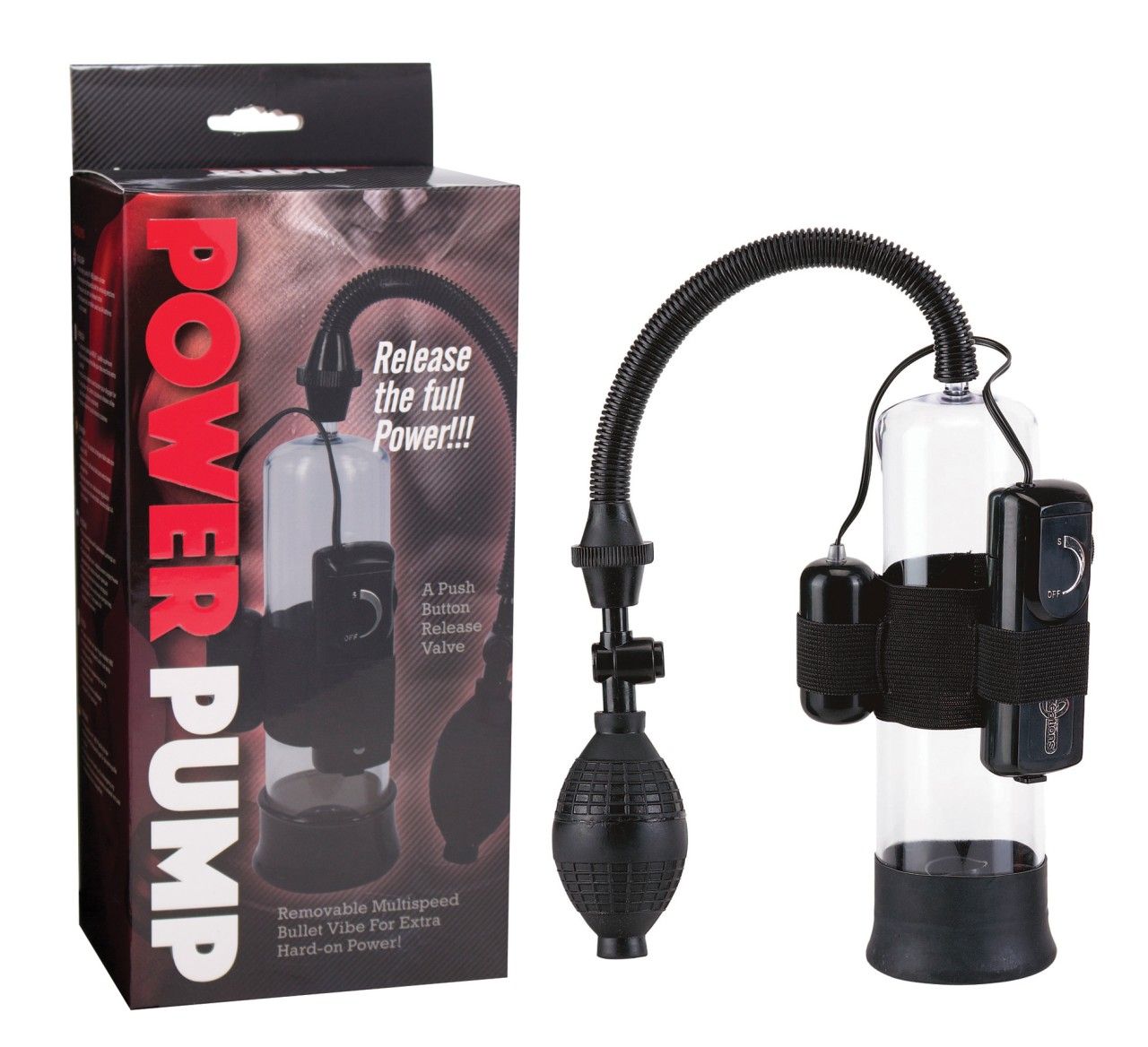 Produktverpackung mit Vakuumpumpe. Schwarze und transparente Elemente. Mit Vibrationsfunktion. Text: POWER PUMP.