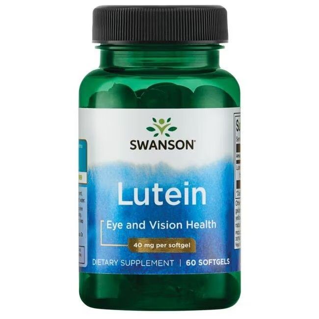 Grüne Flasche mit schwarzen Deckel. Aufschrift: SWANSON Lutein, 40 mg pro Softgel. 60 Softgels. Nahrungsergänzungsmittel.