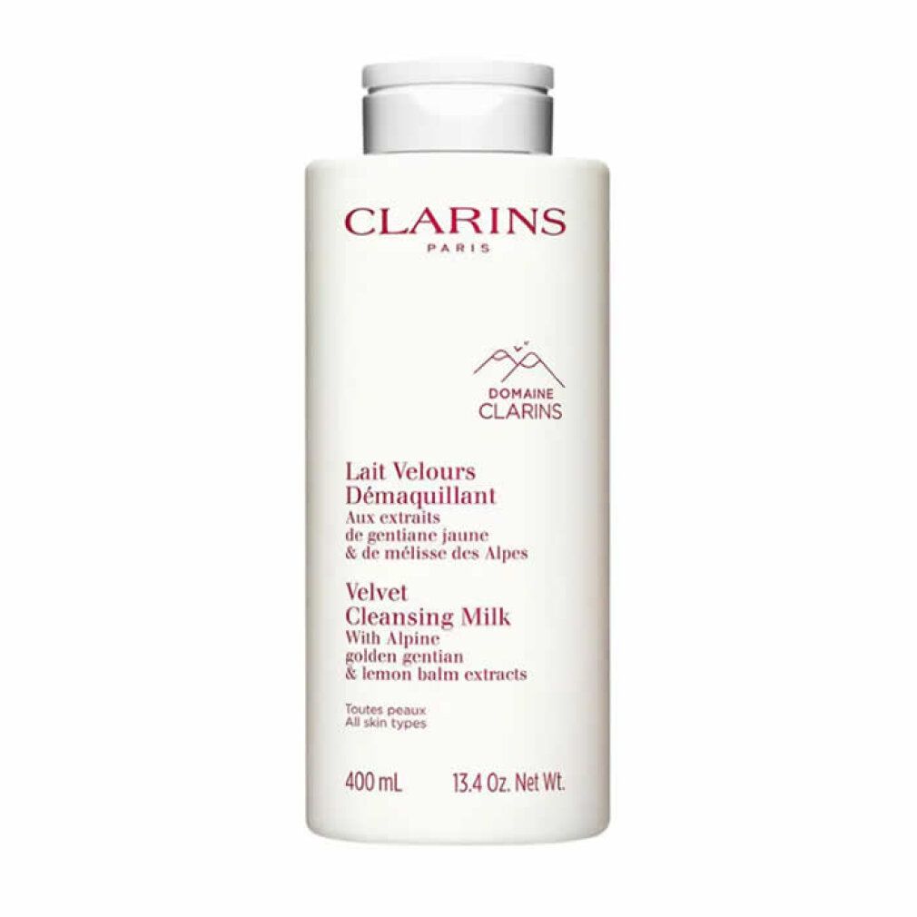 Weiße Flasche mit roter Schrift. Text: Clarins Paris, Lait Velours Démaquillant, Velvet Cleansing Milk. 400 ml.
