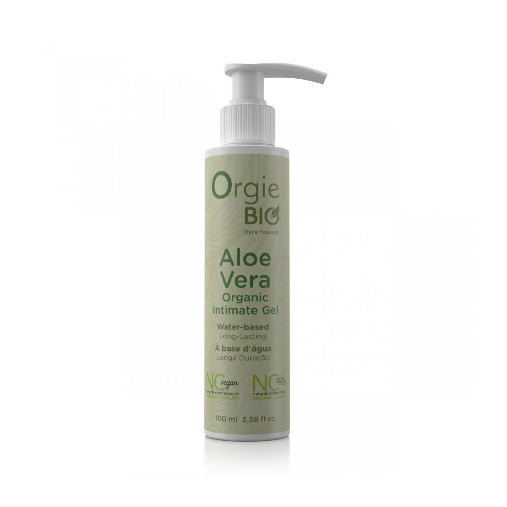 Grüne Flasche mit Pumpe. Aufschrift: Orgie BIO Aloe Vera Organic Intimate Gel. Vegan-Siegel.