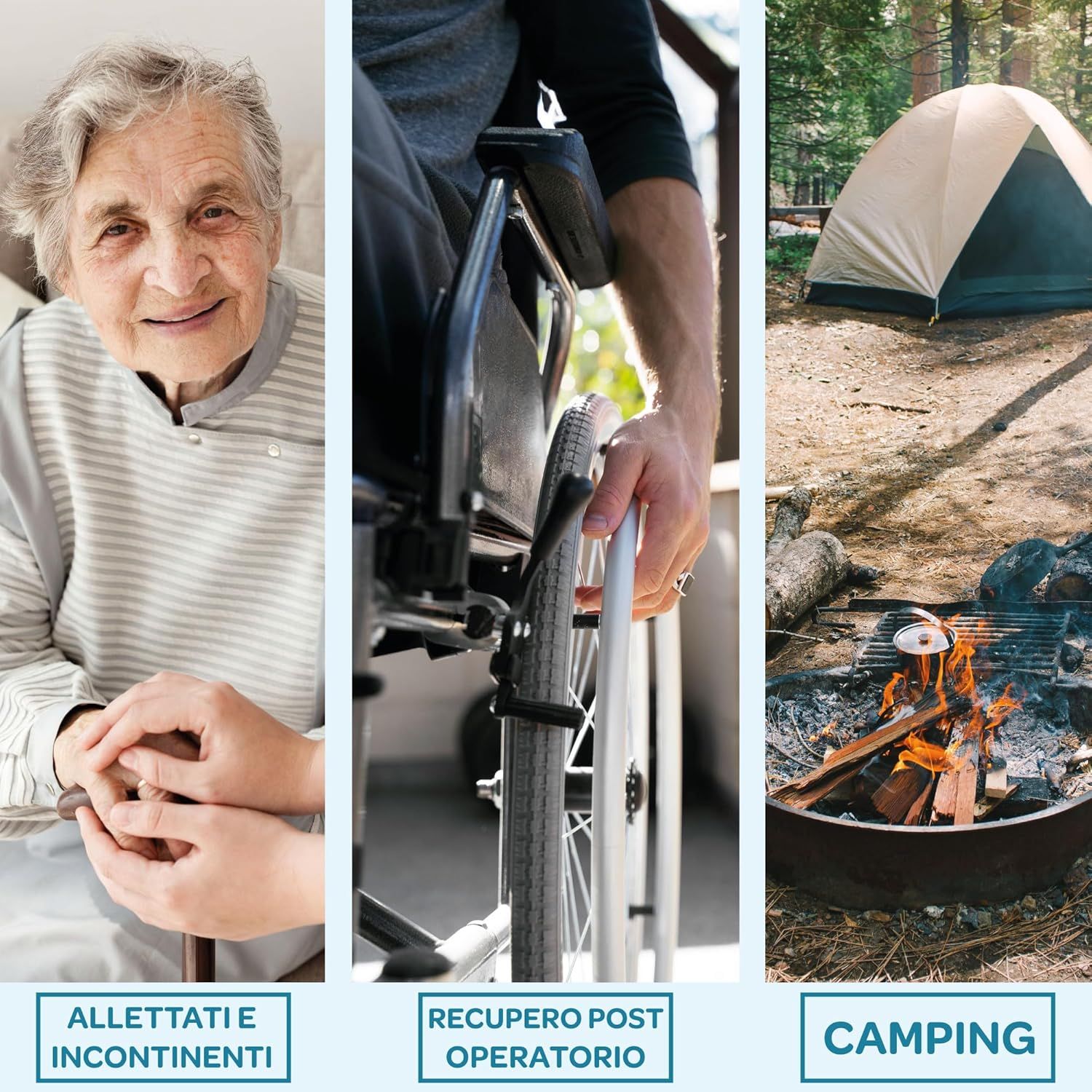 3 Bilder: ältere Frau, Rollstuhlfahrer, Camping. Text: Bettlägerigkeit, postoperative Erholung, Camping.
