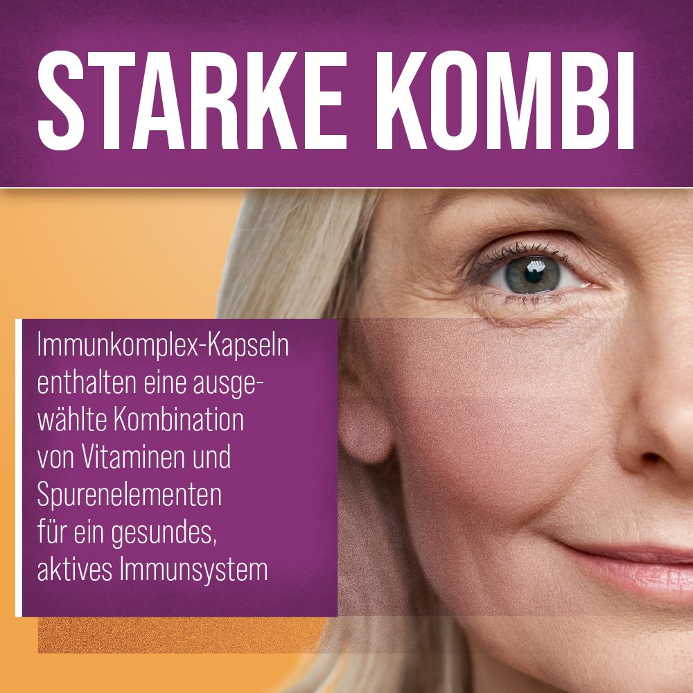 Nahaufnahme einer Frau mit Text: STARKE KOMBI. Text über Immunkomplex-Kapseln mit Vitaminen und Spurenelementen.