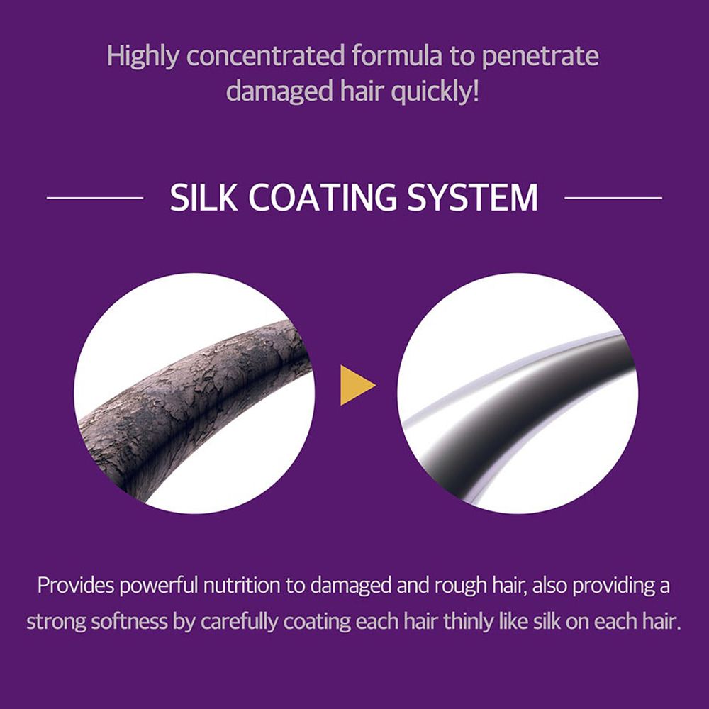 Zwei Kreise zeigen Haare. Links: beschädigtes Haar. Rechts: glattes Haar. Text: „Silk Coating System“.