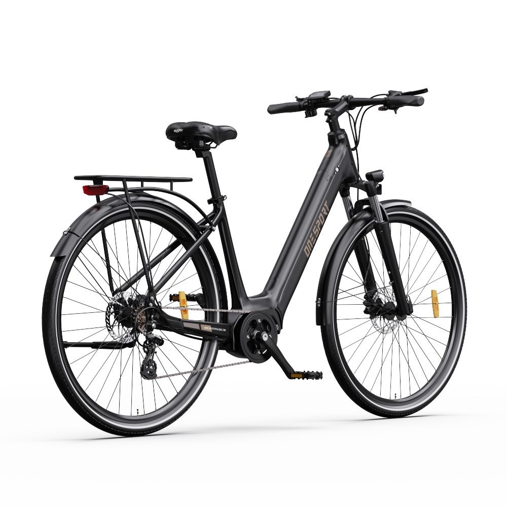 Schwarzes E-Bike mit zentralem Motor. Räder, Sattel, Gepäckträger und Lenker sind sichtbar. "ONESPORT" ist auf dem Rahmen.