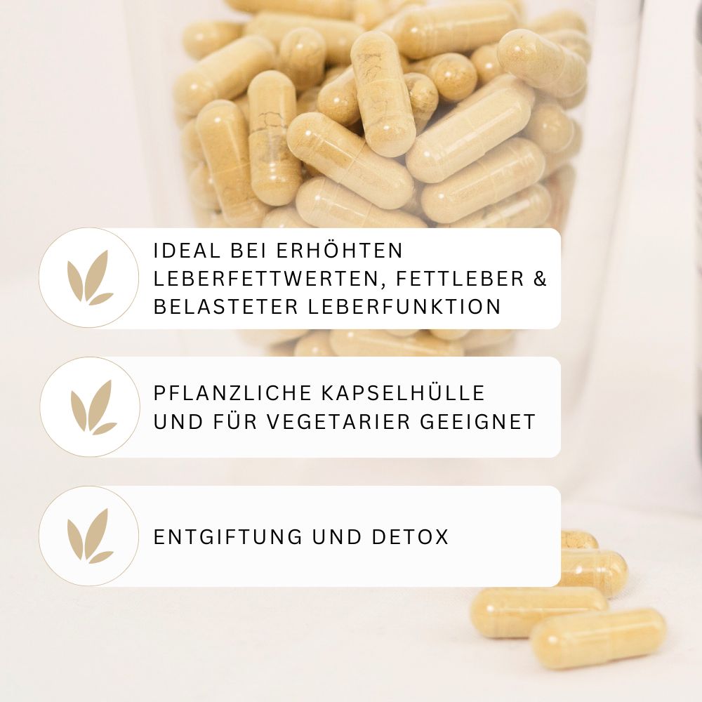 Kapseln in Glas. Text: Ideal bei erhöhten Leberfettwerten, pflanzliche Kapselhülle, für Vegetarier geeignet, Entgiftung.