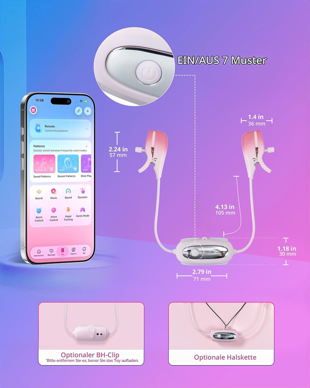 Pinkfarbenes Stimulationsgerät mit zwei Clips, verbunden durch ein Kabel mit einem zentralen Bedienelement.