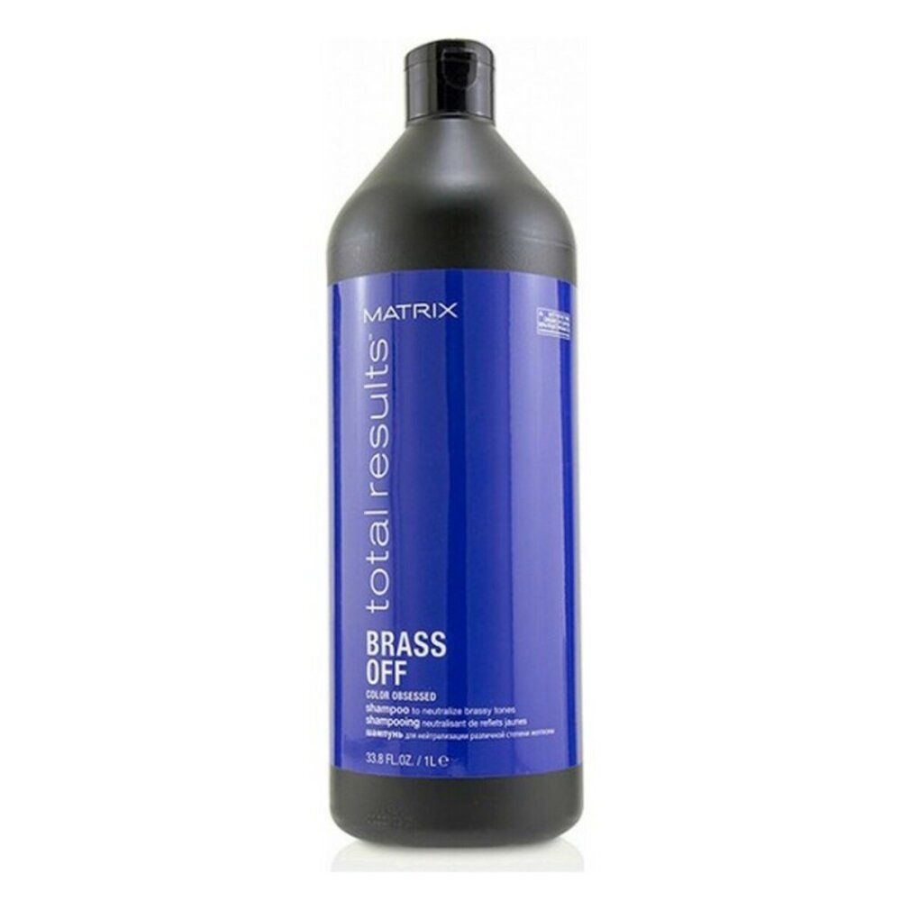 Blaue Shampoo-Flasche mit schwarzem Deckel. Aufschrift: Matrix Total Results Brass Off. 1L.