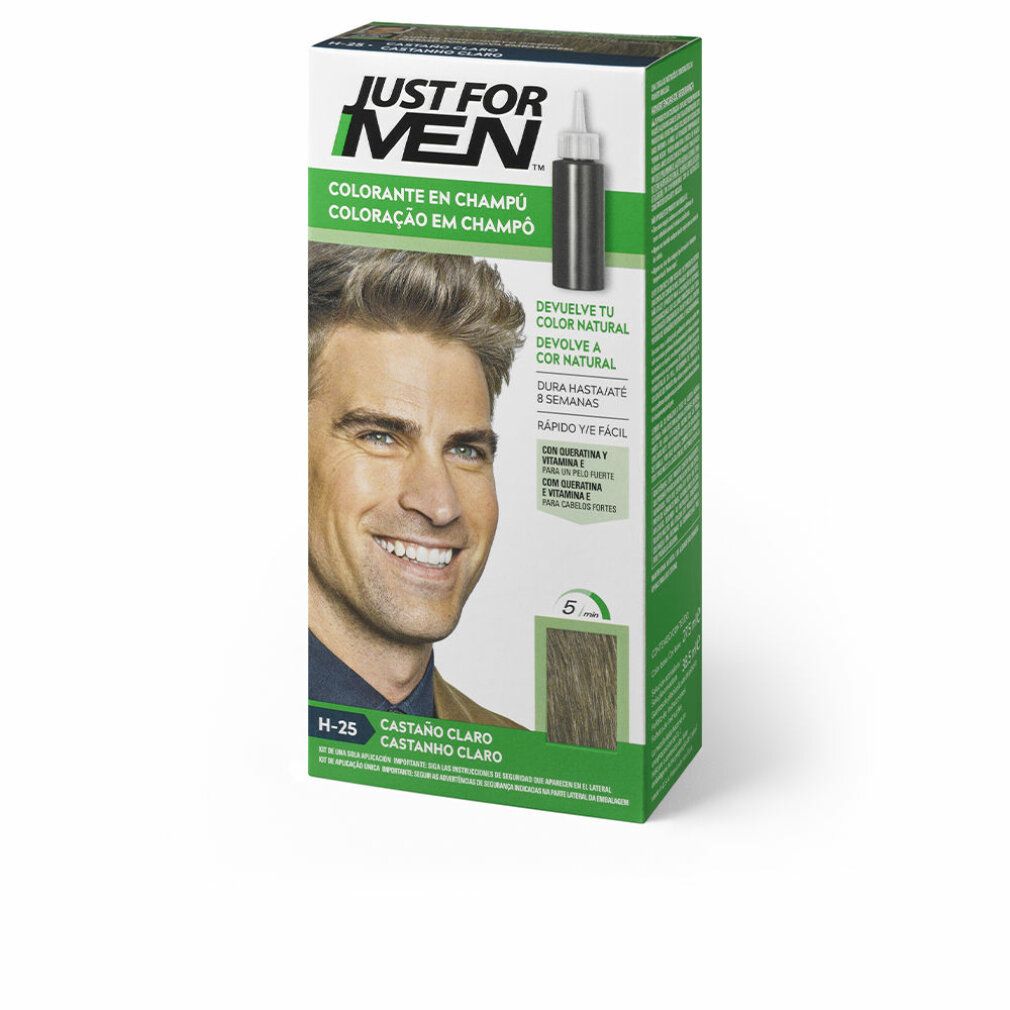 Verpackung von Just For Men Haarfärbemittel, Hellbraun. Zeigt einen Mann mit gefärbtem Haar.