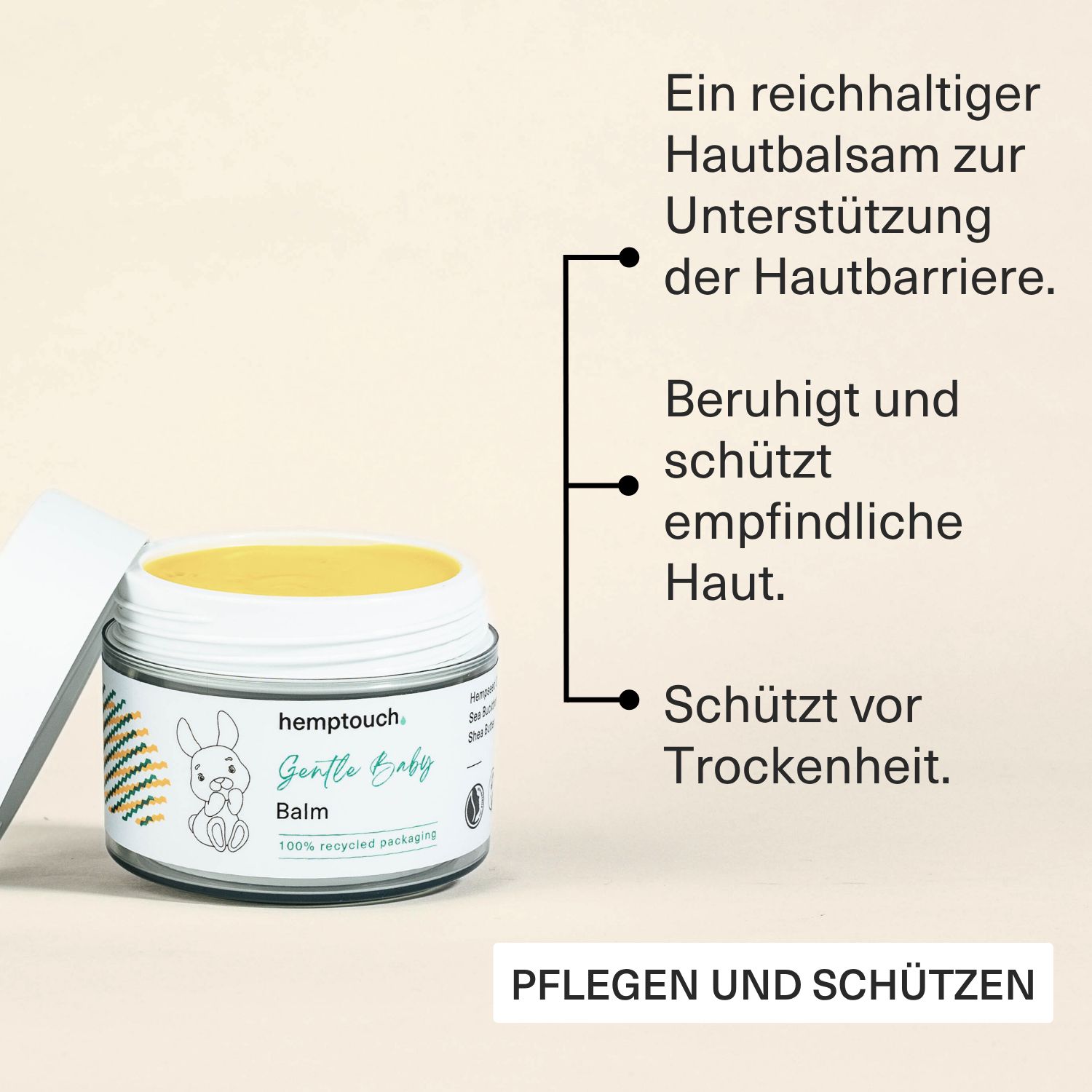 Weißes Tiegel mit Deckel. Aufschrift: Hemptouch Gentle Baby Balm. Illustration: Hase. Text: Pflegen und schützen. Vegan-Siegel.