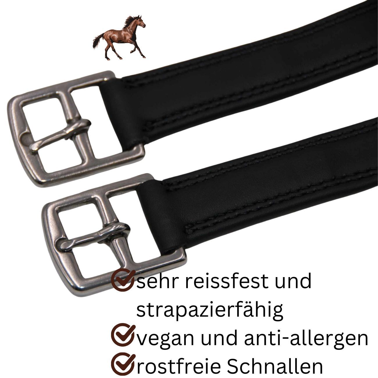 Zwei schwarze Steigbügelriemen mit silberfarbenen Schnallen. Text: sehr reissfest und strapazierfähig, vegan und anti-allergen, rostfreie Schnallen.