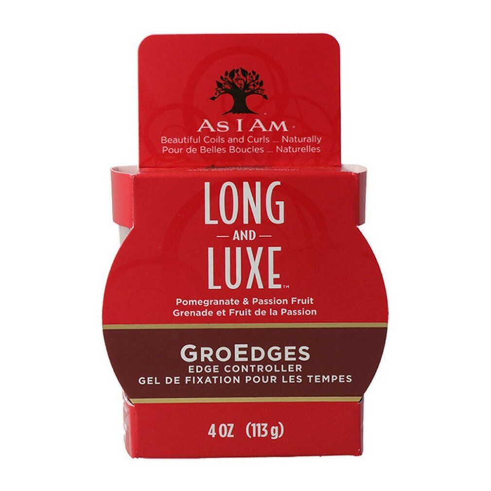 Rote Produktverpackung mit Schriftzug „LONG AND LUXE“. Enthält „GroEdges Edge Controller“. 4 OZ (113 g).