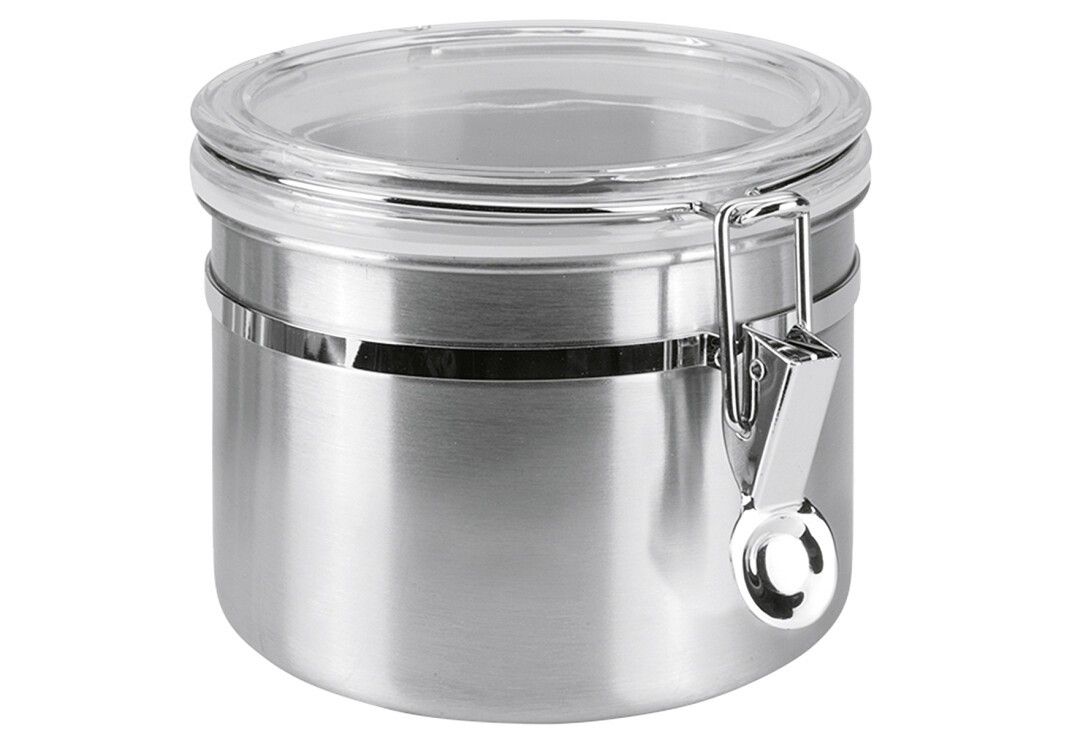 Metallbehälter mit Glasdeckel und Verschluss. Zylindrische Form, silberfarben. Deckel mit Metallbügel.