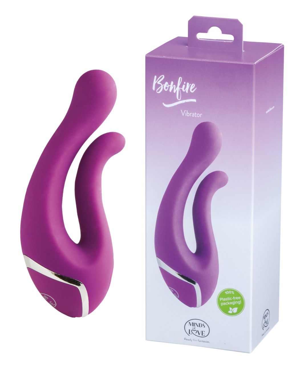 Vibrator und Verpackung. Lila Vibrator neben lila Box mit Aufschrift 'Bonfire Vibrator'.