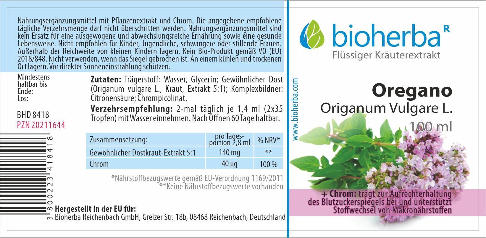 Etikett mit Produktinformationen. Bioherba Oregano Tinktur. Zutaten, Verzehrempfehlung und Nährwertangaben. Flasche mit Kräuterabbildung.